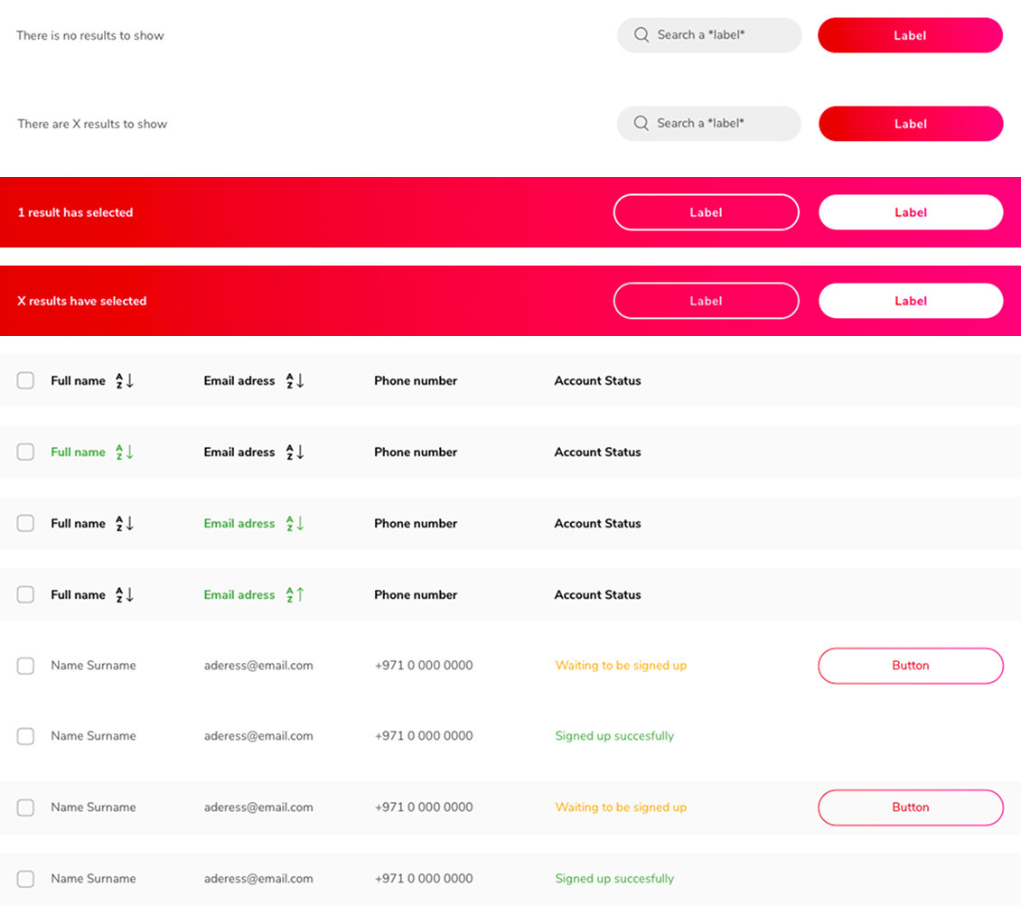 Component states showing select-to-act pattern and symbol variants